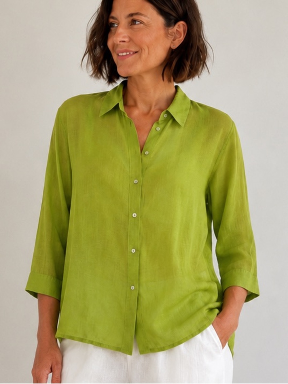 Chico’s Green Linen Silk Button Front Shirt Blouse 3/4 Sleeves Size XL